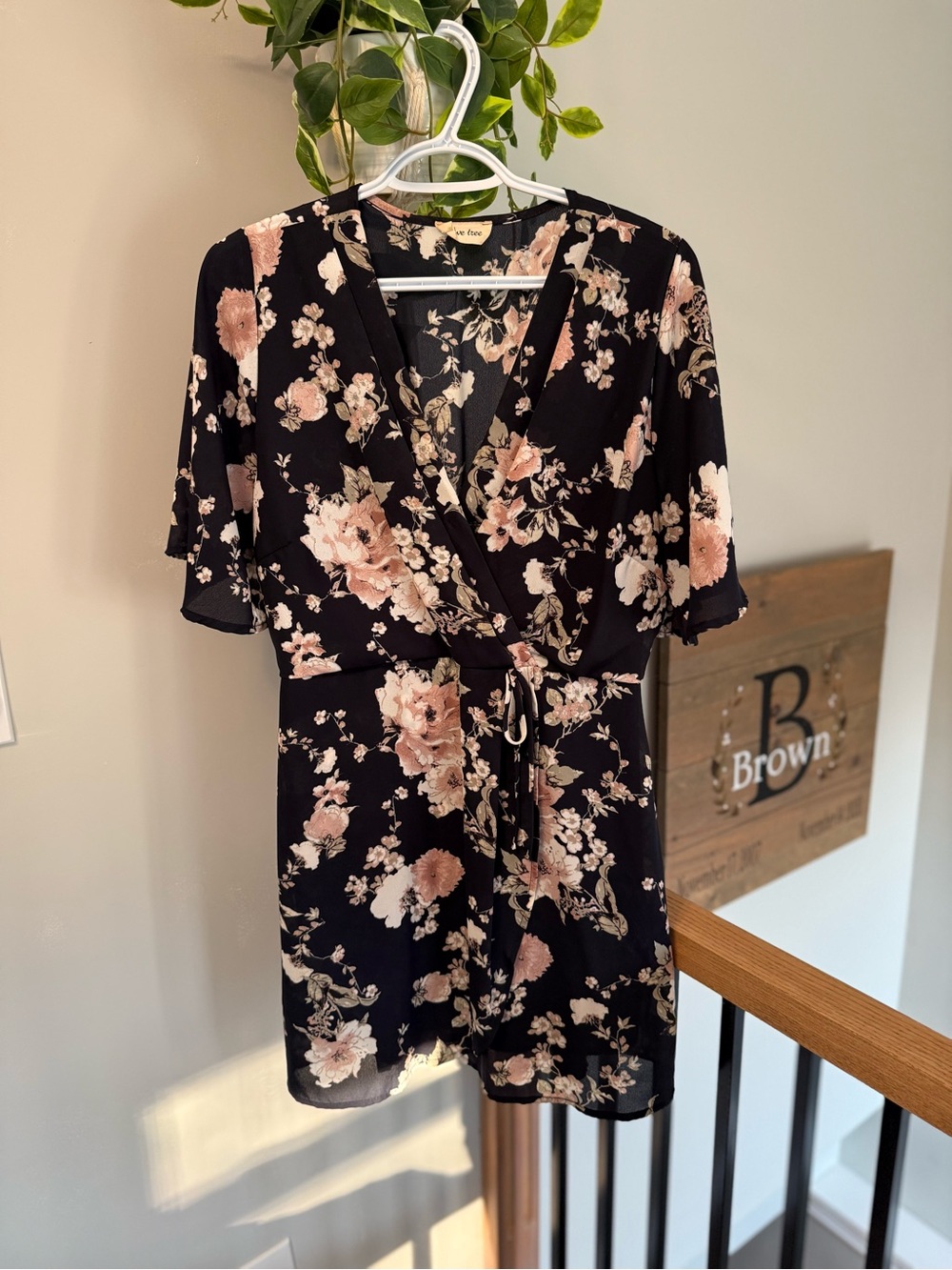Black Floral Wrap Dress with Pink Blossoms